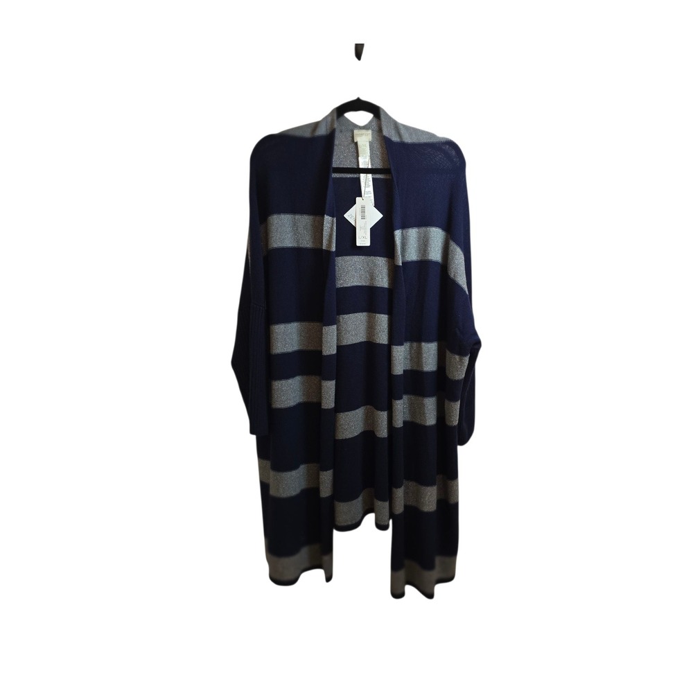 Zenergy Chico's L/XL Open Front Striped Navy Grey Metallic Open Cardigan NWT